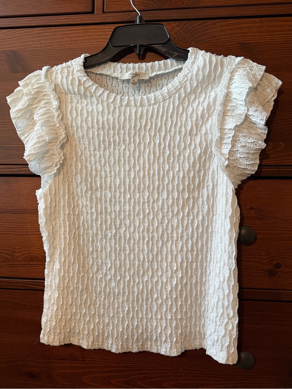 Atelier by Kirious Textured White Ruffle Sleeve Short-Sleeve Blouse